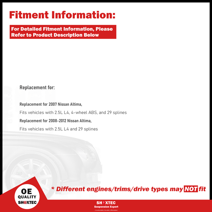 Shoxtec Front Wheel Bearing Hub Assembly Replacement for 2007-2012 Nissan Altima 2.5L L4 29 splines Repl. no 513294