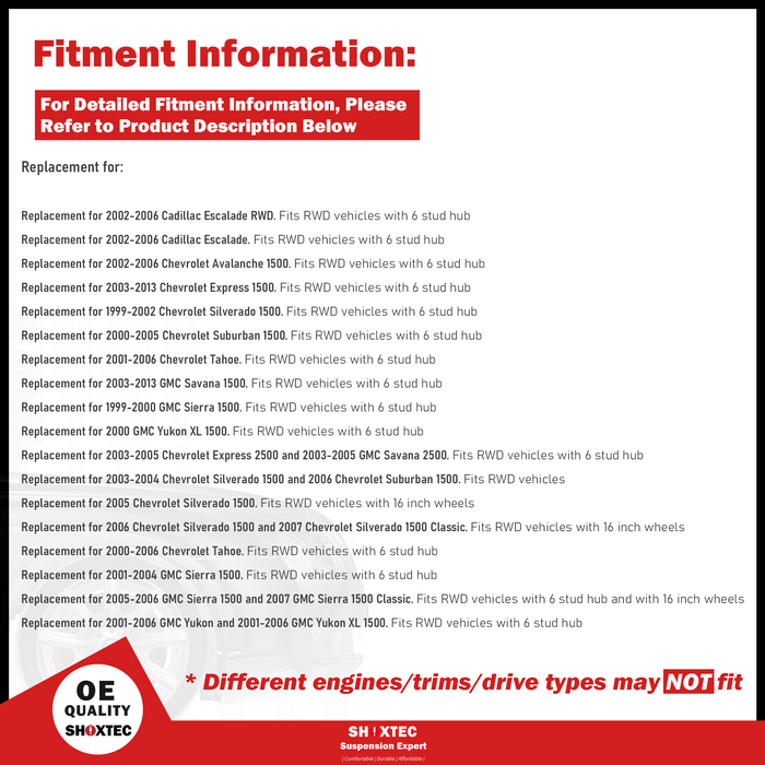 Shoxtec Front Wheel Bearing Hub Assembly Replacement for 2002-2006 Cadillac Escalade Avalanche Express Silverado Tahoe Savana GMC Sierra Yukon XL Express Savana Chevrolet Suburban Repl. no 515054