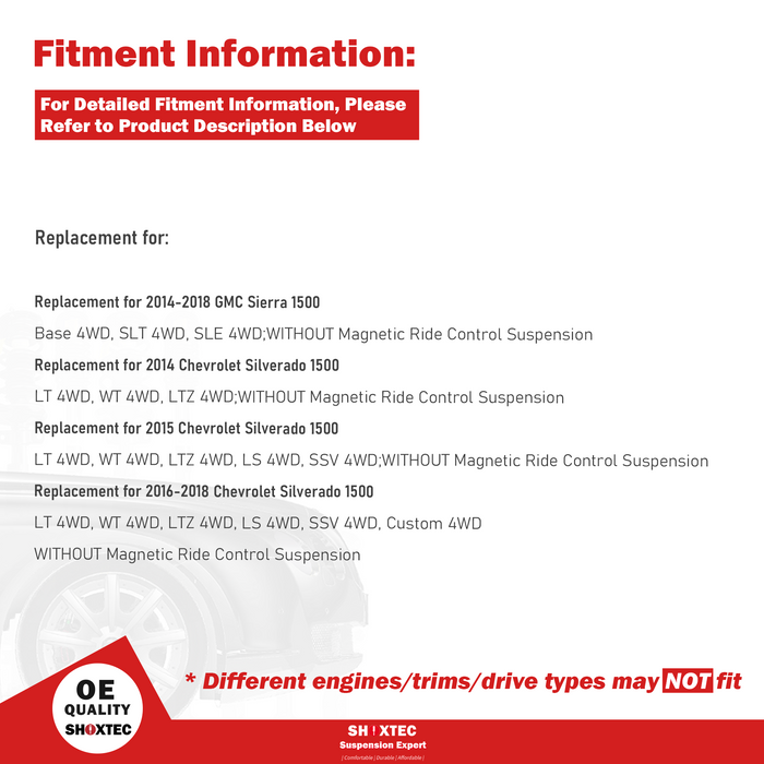Shoxtec Front Struts Wheel Bearing Hubs Set Replacement for 2014-2018 GMC Sierra 1500 4WD; Replacement for 2014-2018 Chevrolet Silverado 1500 4WD Repl Part No. 153026 515160