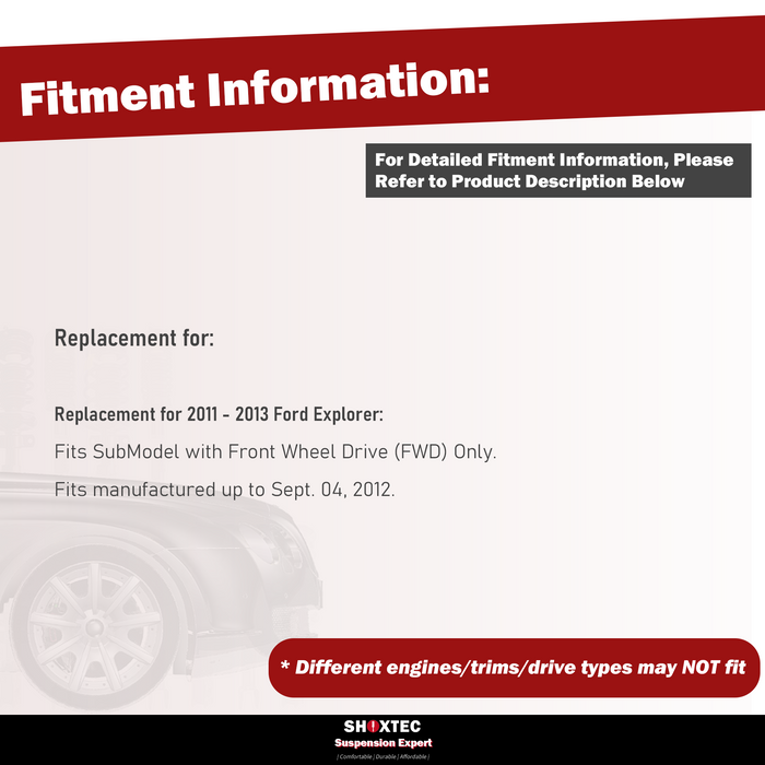 Shoxtec 4pc Front Suspension Shock Absorber Kits Replacement for 2011-2013 Ford Explorer FWD Only Fits manufactured up to Sept. 04, 2012 Includes 2 Complete Struts 2 Front Inner Tie Rod End