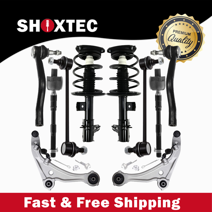 Shoxtec 10pc Suspension Kit Replacement for 2007-2012 Nissan Altima Includes 2 Complete Struts 2 Sway Bars 2 Inner Tie Rods 2 Outer Tie Rod Ends 2 Lower Control Arms