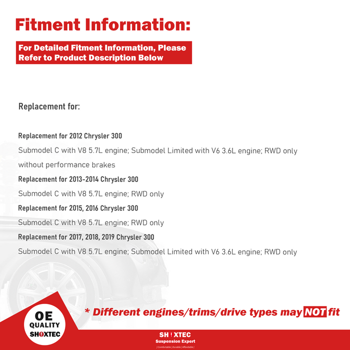 Shoxtec Front Struts Wheel Bearing Hubs Set Replacement for 2012-2019 Chrysler 300 RWD; Submodel C with V8 5.7L engine; Submodel Limited with V6 3.6L engine Repl Part No. 672665 513325
