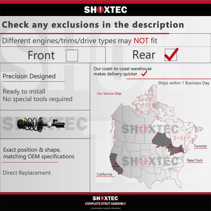 Shoxtec Rear Complete Struts Assembly for 1986 - 1993 Ford Taurus; 1986 - 1993 Mercury Sable Coil Spring Assembly Shock Absorber Repl. Part no. 171781